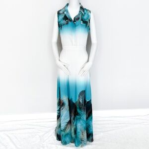 Waggon Paris Maxi Tropical Summer Spring Dress White Turquoise Leaf Print M